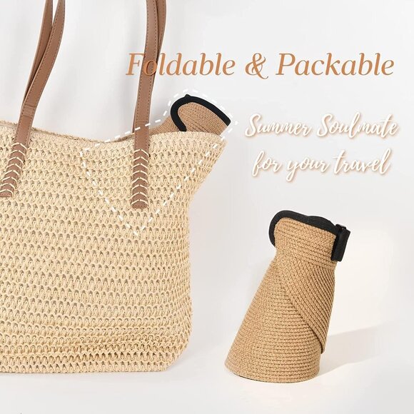 🆕Women Khaki Straw Paper Visor Summer Beach Hat Packable Wide Brim Sun Hat - Picture 4 of 6